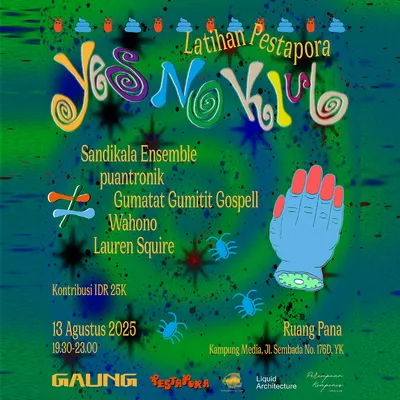 Flyer for xPesporxGaung, 2025-08-13 at Ruang Pana, featuring Wahono (Jakarta), puantronik (Jakarta, Bandung, Yogyakarta), Lauren Squire (Melbourne), Sandikala Ensemble (Yogyakarta) & Gumatat Gumitit Gospell (Denpasar)