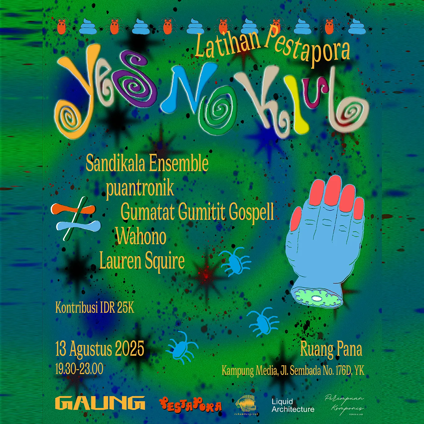 Flyer for xPesporxGaung, 2025-08-13 at Ruang Pana, featuring Wahono (Jakarta), puantronik (Jakarta, Bandung, Yogyakarta), Lauren Squire (Melbourne), Sandikala Ensemble (Yogyakarta) & Gumatat Gumitit Gospell (Denpasar)