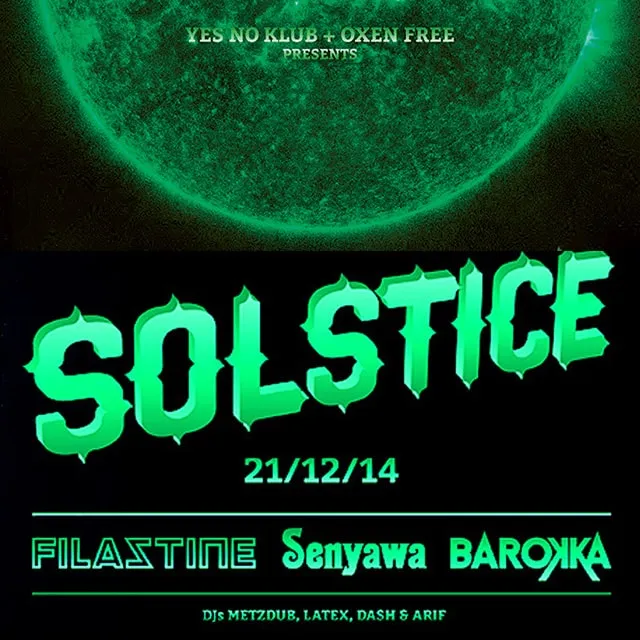 Flyer for YNK#25, 14 December 2014 at Liquid Cafe, featuring Filastine & Nova (SPN), Senyawa (YK) & Barokka (YK)