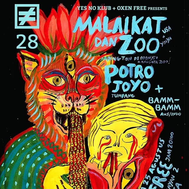 Flyer for YNK#28, 25 August 2017 at Oxen Free, featuring Malaikat (USA), Zoo (YK), Potro Joyo (TPG) & Bamm-Bamm (AUS/IDN)