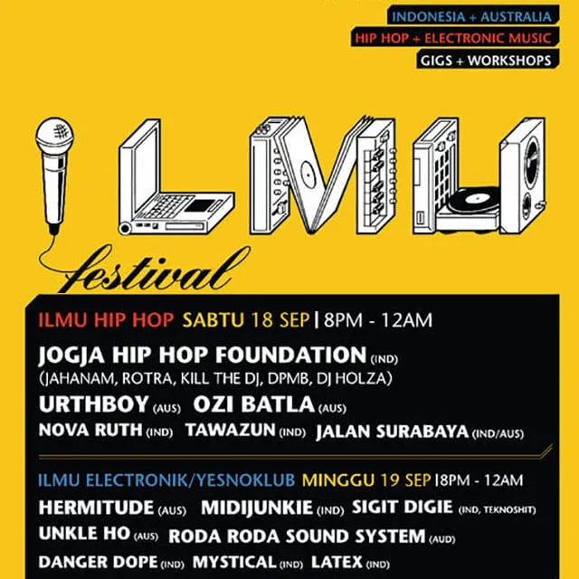 Flyer for YNK#ILMU, 19 September 2010 at Jogja National Museum, featuring Hermitude (AUS), Midijunkie (YK), Unkle Ho (AUS), Digie Sigit (YK), Roda Roda Soundsystem (AUS), Danger Dope (JKT), Mystical (YK) & Latex (YK)